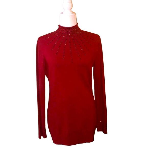 Vila Milano Red Beaded Turtleneck Sweater Size Large - Picture 1 of 6